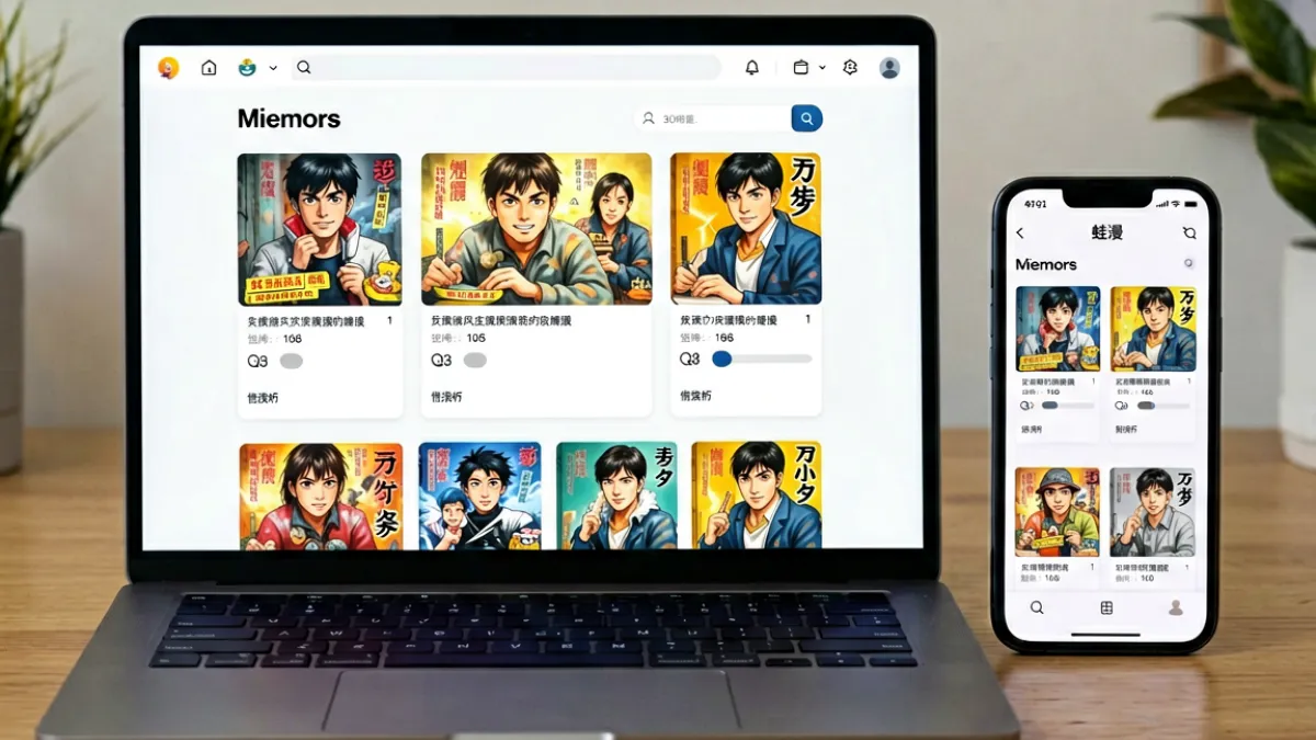 蛙漫网页版与APP版在桌面和手机端同时开启的功能对比场景，展示书架同步与画质加载差异