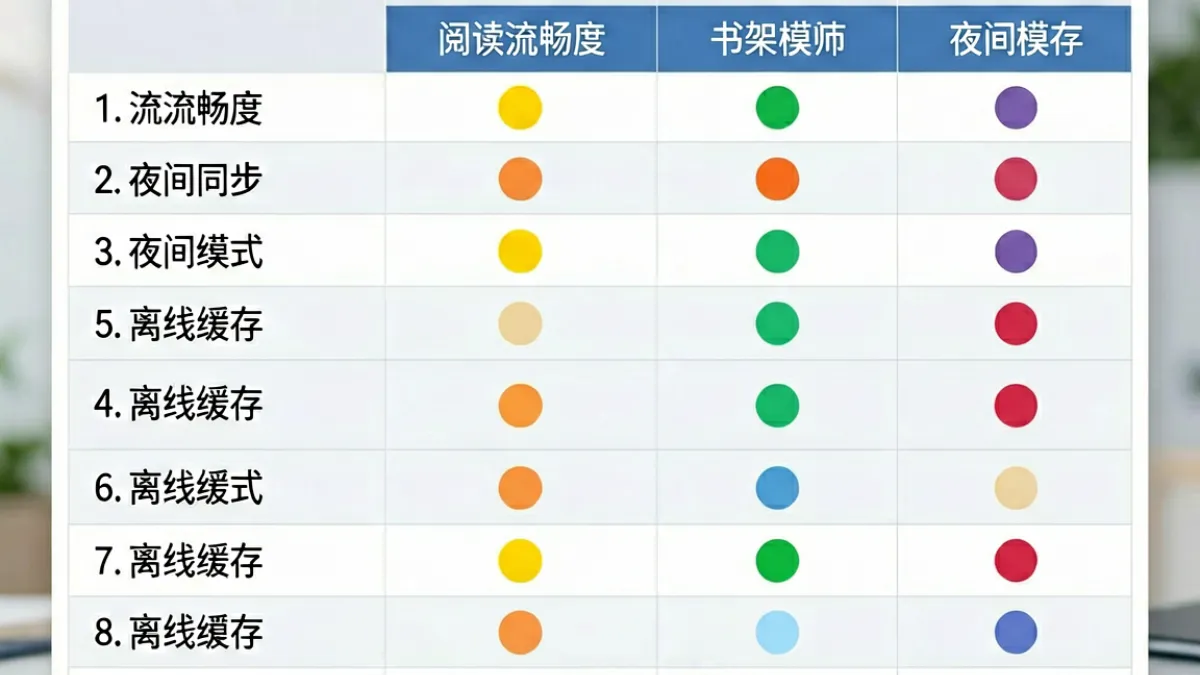蛙漫网页版功能横评表格截图，列出阅读、书架、夜间模式、离线缓存等维度与其他平台的对比数据