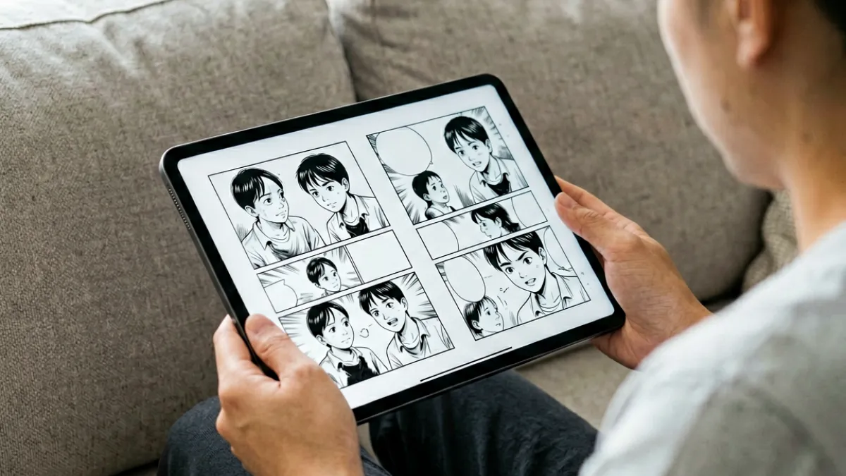 用户在平板电脑上使用蛙漫网页版横屏阅读漫画的使用场景